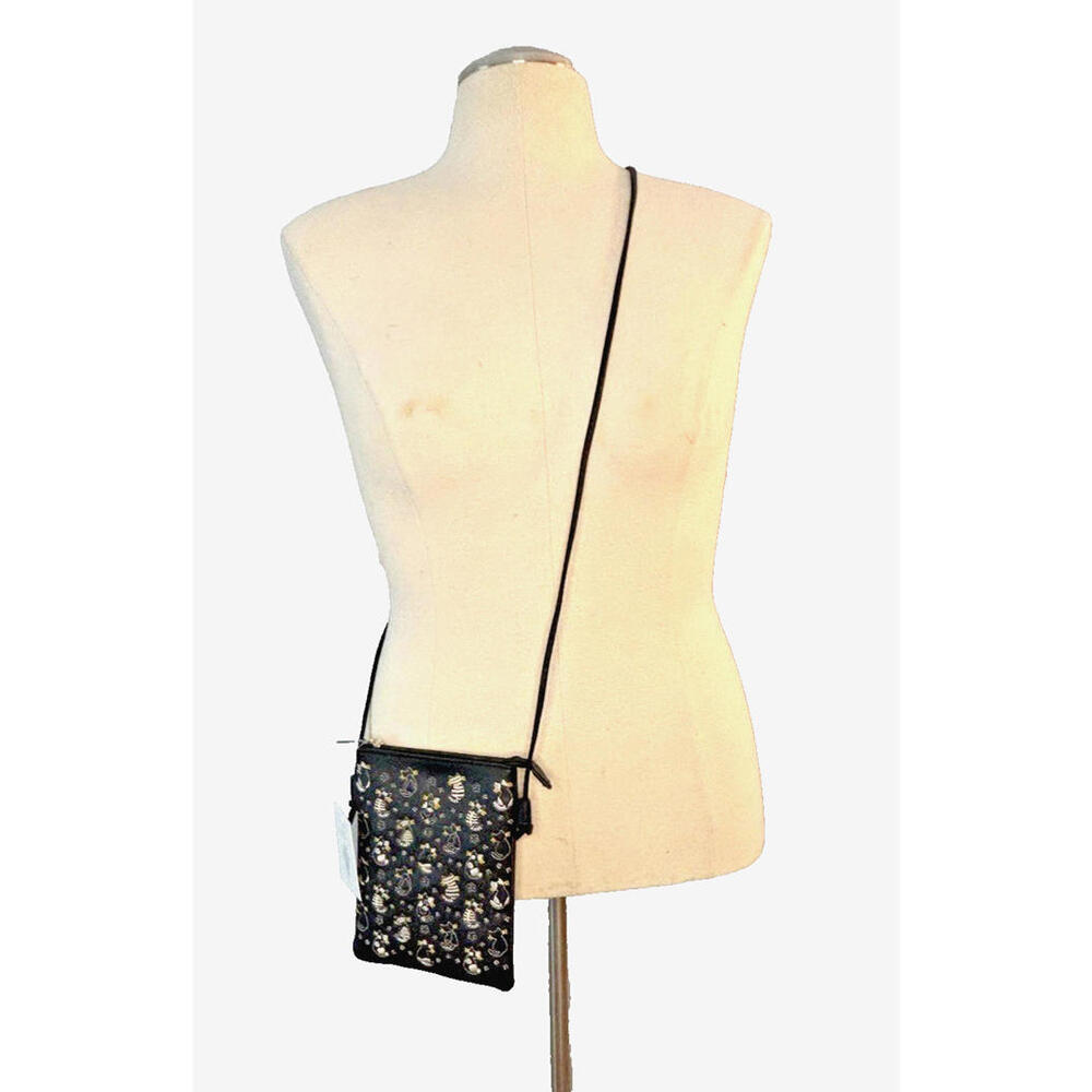 Faux Leather Crossbody Purse Bag Embroidered Cats Black/White/Yellow NWT